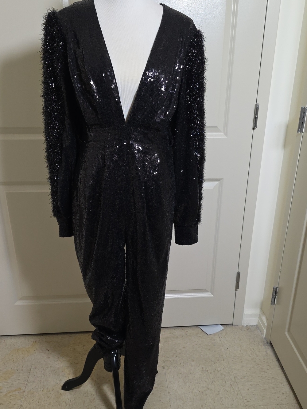 Fashion Nova Black Sequin Deep V-Neck Jumpsuit with Textured Sleeves